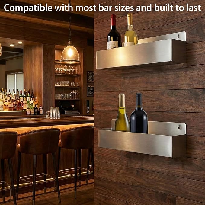 2 Pcs 22 Inch Single Speed Rail Stainless Steel Liquor Bottle Holder Silver Drink Rail Shelf Wall Mounted Spray Bottle Rack for Bars
