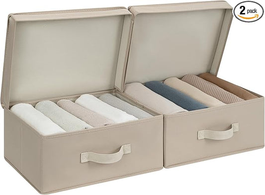 StorageWorks Small Storage Boxes with Lids, Stackable Fabric Storage Bins with Handles, Storage Baksets for Closet, Shelves, 15" x11¼x 6¼", Light Brown, 2-Pack
