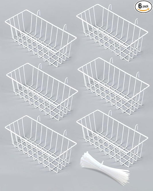 6 Pack White Wall Grid Panel Hanging Wire Basket, Wall Baskets with Hooks for Organizing, White Metal Grid Panel Accessories