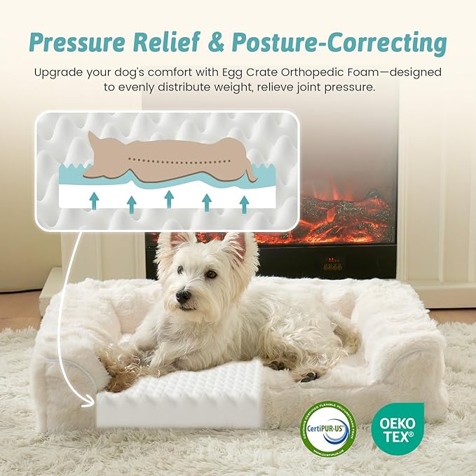 Faux Fur Orthopedic Dog Bed, Dog Bed for Large Size, Supportive Foam Pet Sofa with Waterproof Lining Cover, Washable U-Shaped Pet Couch with Anti-Slip Bottom, Beige L 36x27x6.5 inch