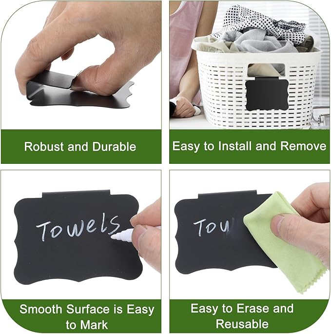 50 Pcs Reusable Storage Bin Labels - Clip On Closet & Basket Holder with 4 White Chalk Labels