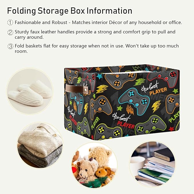 Storage Basket Gamepad Storage Bin Cube with Handles Foldable Storage Baskets for Shelves Living Room Home Decor 2PCS