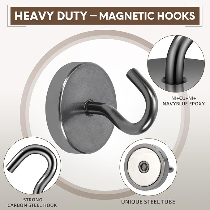 Neosmuk Magnetic Hooks, Cruise Ship Essentials, 12lb+ Heavy Duty Magnetic Hooks for Cruise Cabins, Refrigerator, Grill, Hanging, and Travel | Extra Strong Must-Haves Magnet Hook,Silver
