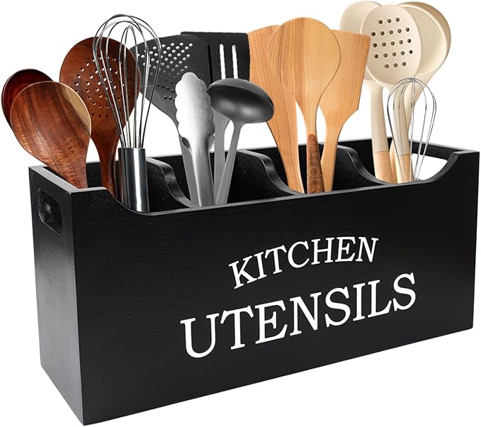 Utensil Holder for Kitchen Counter, Wood Extra Large 4 Compartments Kitchen Utensil Holder with Drainage Bottom for Countertop, Farmhouse Cooking Tools Organizer for Spatula, Black