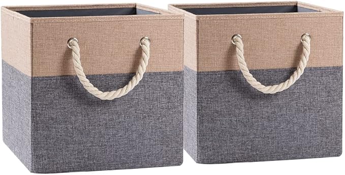PRANDOM Large Foldable Cube Storage Bins 13x13 inch [2-Pack] Fabric Linen Storage Baskets Cubes Drawer with Cotton Handles Organizer for Shelves Nursery Closet Bedroom Khaki
