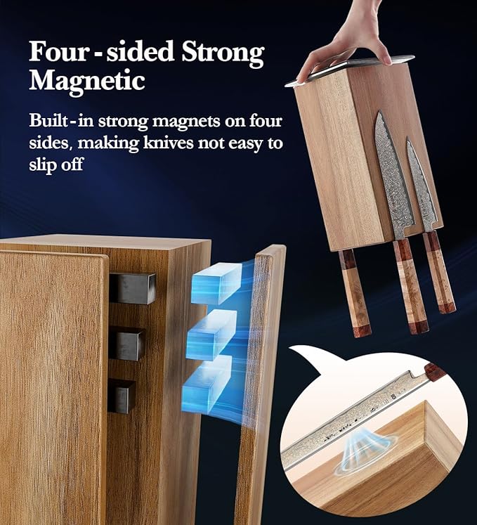 HEZHEN Magnetic Rotating Knife Holder without Knives, Acacia Wood, 360° Knife Block for Kitchen Counter, Space-saving and Larger Capacity Knife Storage, Strong Enhanced Magnets Strip