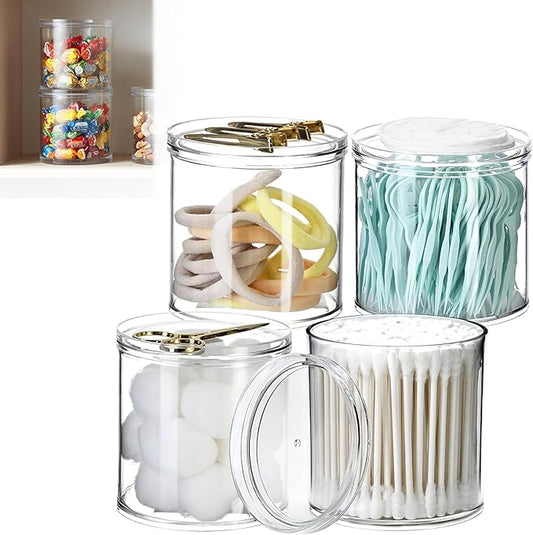 Stackable Clear Plastic Container 4pack - Round Vanity Storage Organizers with Lids for Hair Accessories & Beauty Supplies & Bathroom Container Set