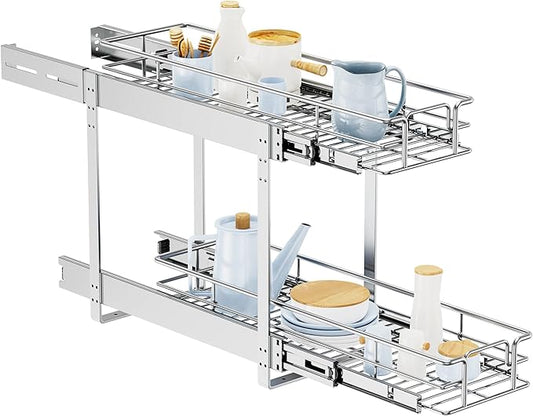 LOVMOR Individual Pull Out Cabinet Organizer, 2 Tier Slide Out Cabinet Drawers, Pots and Pans Organizer and Storage Pantry Shelf for Kitchen (7½" W x 21½" D)