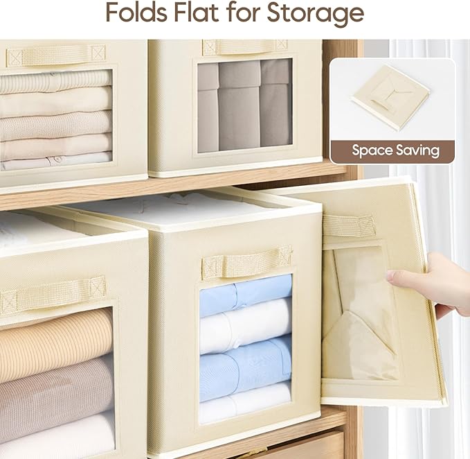 Foldable Storage Cubes - Cubby Storage Organizer with Window, Decorative Baskets for Organizing, 11 Inch Fabric Cube Shelf Bins, Set of 10, Beige