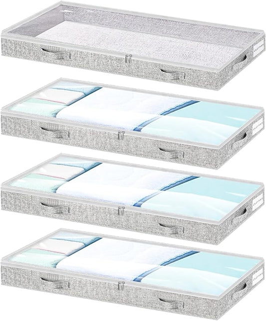 Low Profile Under Bed Storage, 3-Inch High Foldable Underbed Storage Bins with Lid & Zipper, No Structure, Super Slim Clothes Organizer for Crib Dorm Couch Low Bed, 6-Pack, Clear Top