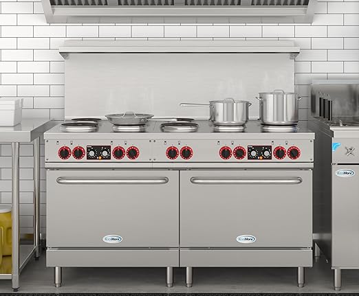 KoolMore KM-CR60-E 60 in. Commercial Range with 10 Burners and 2 Standard Electric Ovens in Stainless Steel-208V 3-Phase, CSA Listed, Solid Black