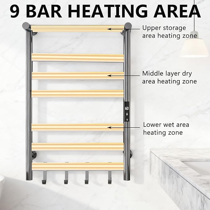 Heated Towel Rack for Bathroom, Towel Warmer Rack, Wall Mounted Wired Heated Towel Rack, with Timer and Temperature Adjustment, Overheat Protection Function, Aluminum Alloy