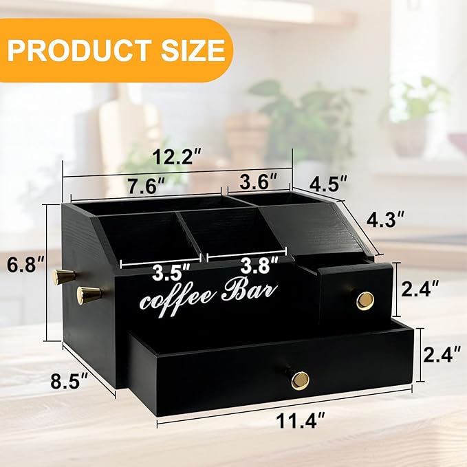 Coffee Station Organizer - Farmhouse Wood Kcup Holder for Counter, Countertop Snack Organizer with Hanging Handles, Suitable for Snacks, Coffee Capsules, Syrups and Various Accessories(Black)