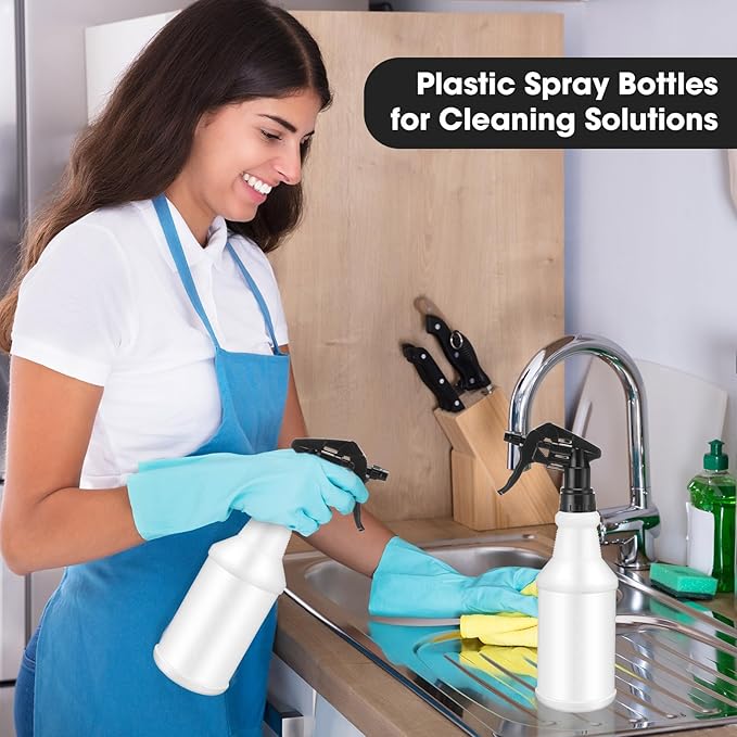 Rtteri 20 Pack 32oz Plastic Spray Bottles for Cleaning, Empty Spray Bottles Bulk, Adjustable Leak Proof with Label for Plants Pet BBQ Kitchen (Black)