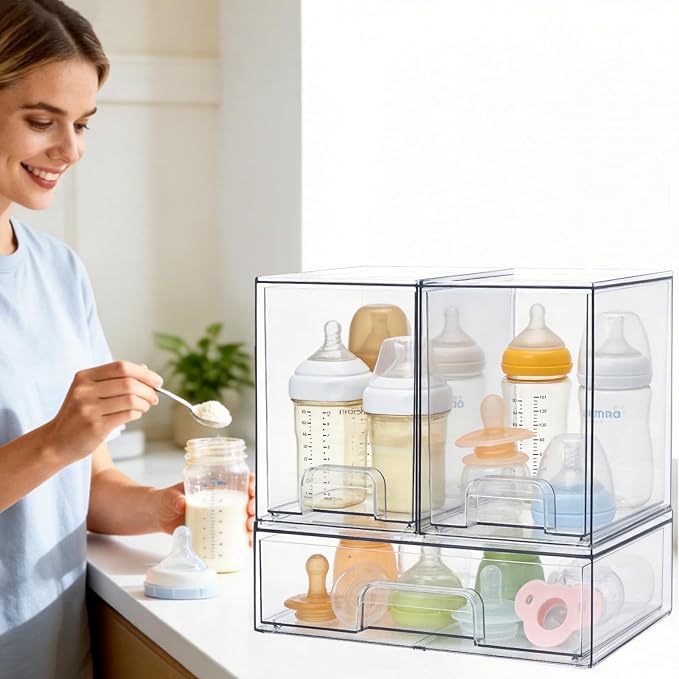 OTraki Baby Bottle Organizer, 3 Pack Stackable Storage Drawers with Labels, Clear Stackable Storage Drawers Acrylic Bottles Station for Pacifiers, Pump Parts, Desk Organizer Bins for Countertop