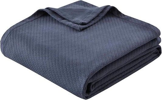 Madison Park Liquid Cotton Blanket Breathable, Softer Ring Spun Weave, Diamond Motif, Luxurious 100% Cotton All Seasons Lightweight Summer Blanket for Bed, Couch, Office, Navy, Full/Queen