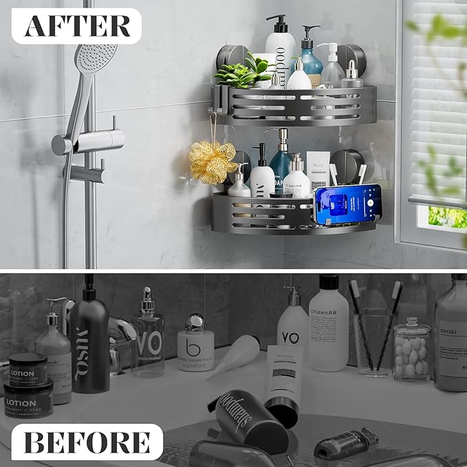 ONXE Suction Cup Shower Caddy,No Drilling Corner Shower Shelves Heavy Duty,Shower Organizer with Hooks,Rustproof Waterproof Space Aluminum Bathroom Storage,Home Accessories Decor