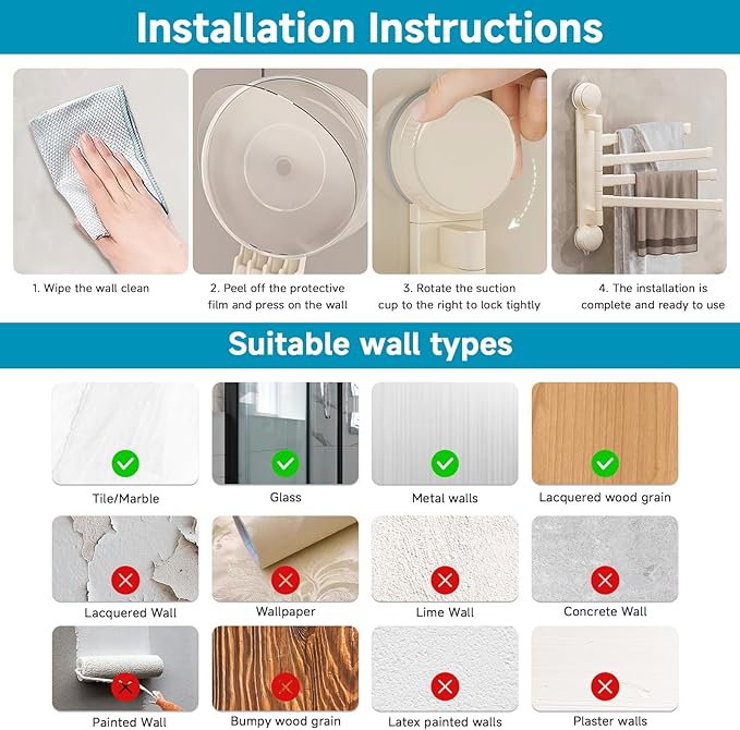 Suction Cup Towel Rack,Space Saving Wall Mounted Swivel Towel Holder, SUS304 Stainless Steel 4-Arm No Drilling Towel Bar for Bathroom, Kitchen-White
