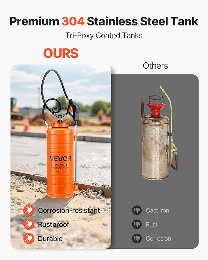 Industrial Concrete Sprayer, 3.5 Gallon Stainless Steel Sprayer, Heavy Duty Tri-Poxy Pump Sprayers, 20.5"Wand with Ergonomic Gun Handle, 48"& 120"Hose, 2 Brass Nozzles for Construction, Garden