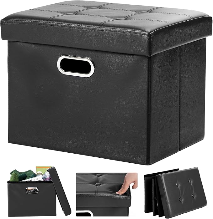 COSYLAND Ottoman with Storage Folding Leather Ottoman Footrest Foot Stool Black Ottoman for Room Small Rectangle Collapsible Bench Furniture with Handles Lid Toy Chest 17x13x13in