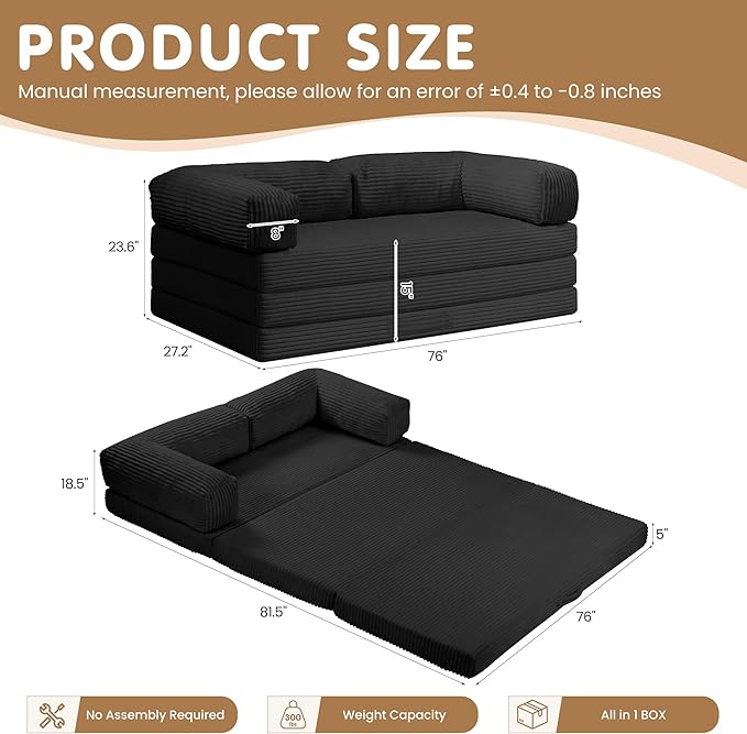 Convertible Sofa Bed King,5-in-1 Folding Boneless Couch Corduroy Futon Sofa Bed,Tri-Fold Mattress with Removable Armrests & Handle,Sleeper with Pull Out Bed for Small Space Living Room Bedroom