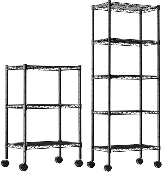 DUMOS 2 Pack 3Tier 5Tier Metal Shelving, Heavy Duty Shelves Wire Shelving Unit with Removable Wheel Casters, Shelves Organizer for Bathroom Garage Living Room Kitchen Pantry Laundry