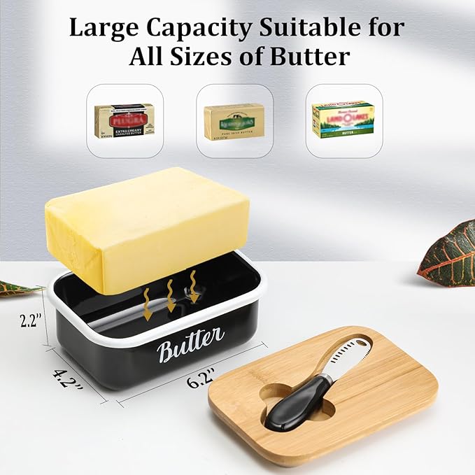 Butter Dish with Lid and Butter Curler Knife for Countertop - Unbreakable Metal Keeper Container with High-quality Double Silicone Sealing, for Kitchen Farmhouse Decor, Black