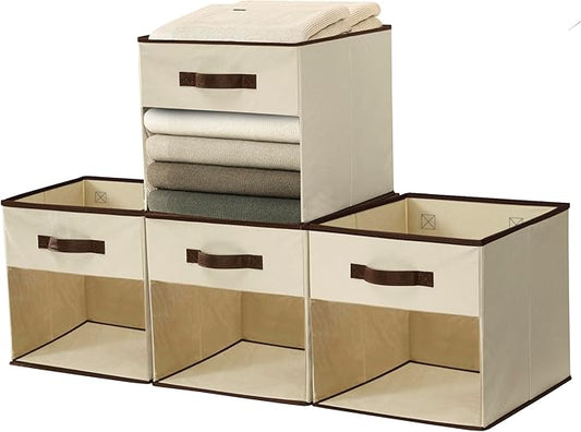 DECOMOMO Kallax Storage Cubes, 13x13x15 Storage Cube Bins with Window, Baskets for Organizing Shelves (Kallax / 4pcs, Beige)