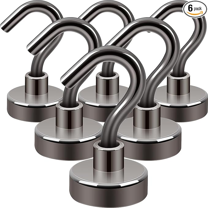 Neosmuk Magnetic Hooks,30lb+ Heavy Duty Earth Magnets with Hook for Refrigerator, Extra Strong Cruise Hook for Hanging, Magnetic Hanger for Cabins, Grill (Gunblack, 6 Pack)