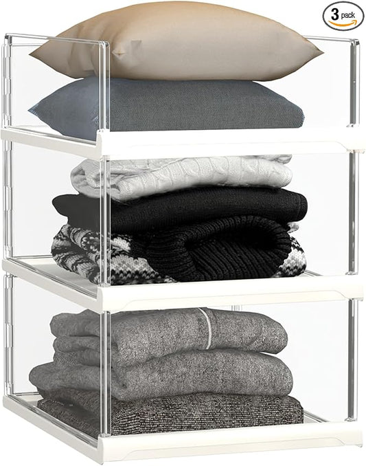 3 Pack Stackable Closet Organizers and Storage Shelves - Transparent Sweater Organizer for Closet, Bathroom, Kitchen, Cupboard, Laundry Room, and Office