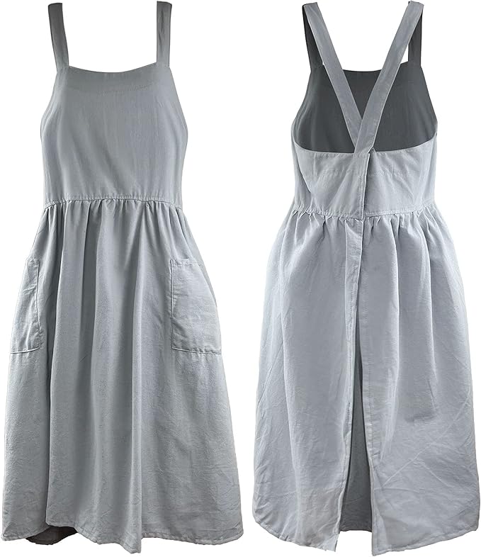 Uaussi Cotton Linen Apron Cross Back Work Apron for Women with Pockets Pinafore Dress X Cross Halter Apron for Chef Gardening