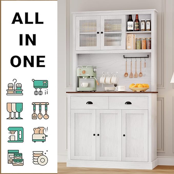 GarveeHome Kitchen Pantry Storage Cabinet, 71 in Tall Wood Pantry with Microwave Stand, Modern Kitchen Hutch Cabinet, Coffee Bar Hutch with Wine Rack for Dining Room, Living Room, White