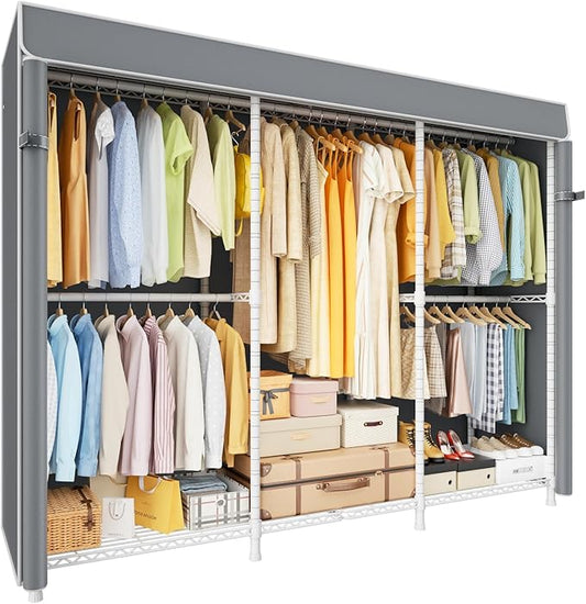 E14C Pro Heavy Duty Closet Organizer System，Freestanding Clothing Racks for Hanging Clothes，Adjustable Garment Rack 70.1"W × 16.6"D × 76.4"H Hold 960 lbs，White Rack with Grey Dustproof Cover