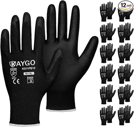 KAYGO Work Gloves for Men and Women,12 Pairs Seamless Knit PU Coated Safety Gloves, with Smooth Grip on Palm and Fingers, Ideal for Light Warehouse, Manufacturing, Gardening, KG11P (XL, Black)