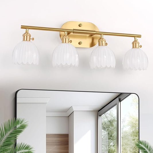 Bathroom Light Fixtures, 4-Light Brass Vanity Wall Light Over Mirror with White Tulip Glass Shade for Bedroom Living Room (Bulb Not Included)