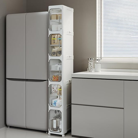 5-Tier Tall Narrow Storage Cabinet, Slim Bathroom Storage Cabinet with Adjustable Shelves and Wheels, Narrow Organizer for Small Space, Bathroom, Kitchen, Laundry, White