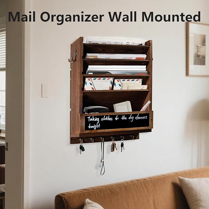 Rustic wall mail organizer,Key and Mail File Holder for Wall Mount，with 6 Key Hooks 2 Double Key Hooks A blackboard,for Home,Office, Classroom,Entryway Decor (brown)