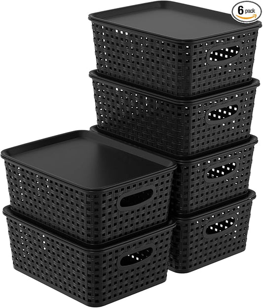 6 Pack Plastic Storage Basket Bins with Lid, Plastic Lidded Storage Bins Shelf Basket for Bathroom, Classroom, Office, Black