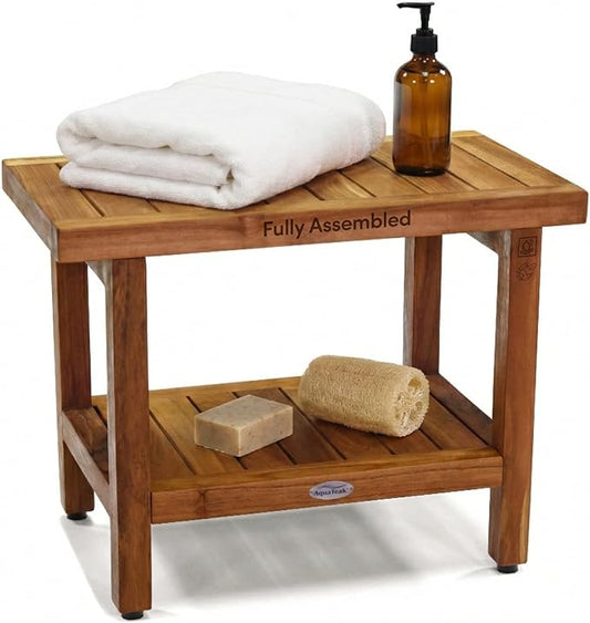 AquaTeak The Original 24" Fully Assembled Spa Teak Shower Bench - Shower Stool with Storage Shelf for Bathroom - Durable Water Resistant Shower Chair - Shaving Foot Rest - Indoor & Outdoor Use
