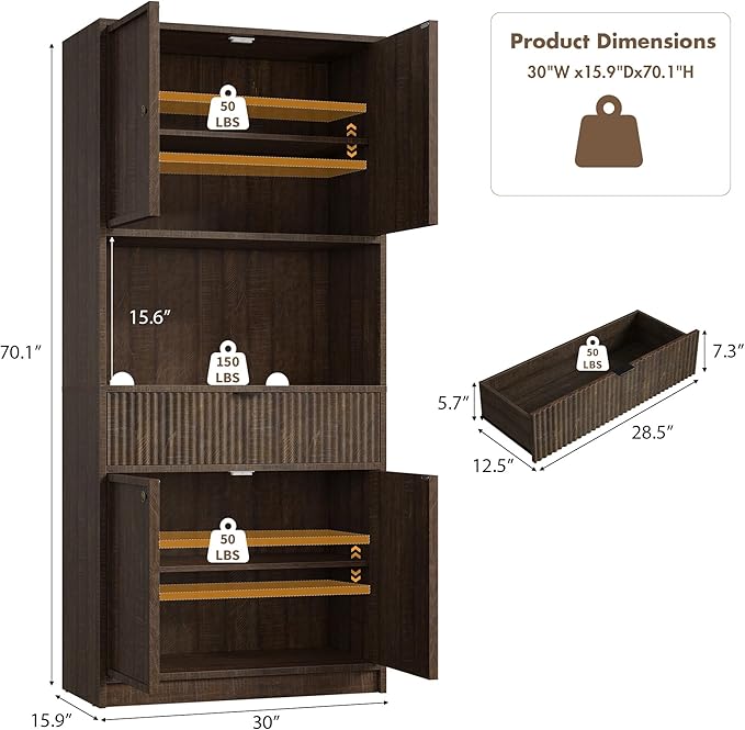 Garvee Tall Kitchen Pantry Cabinet, 70 in Pantry Storage Cabinet with Countertop, Fluted Kitchen Hutch Cabinets with Doors and Drawer, Freestanding Cupboard for Dining Room, Living Room, Brown