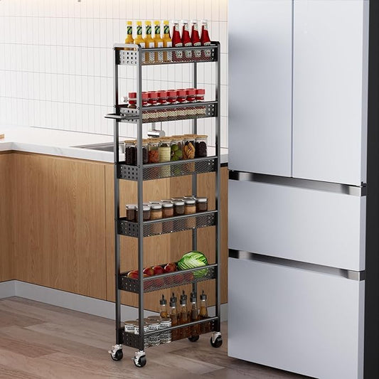6 Tier Slim Storage Cart with Wheels, 6" D Rolling Storage Cart for Small Space, Metal Narrow Spice Cabinet Mobile Shelving Unit Organizer with Handle for Kitchen, Laundry - Black