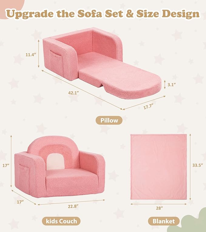 Kids Couch, 2-in-1 Soft Toddler Couch Fold Out with Blanket, Comfy Toddler Chair, Convertible Sofa, Gifts for Kids Girl Boys, Medium Pink Rainbow