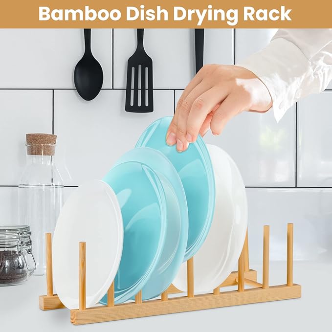 Thenshop 8 Pcs Wooden Plate Rack Organizer for Cabinet, 8 Slots Plate Drying Rack, Dish Organizer Holder, Pot Lid Stand, for Bowl Cup Cutting Board Kitchen Storage