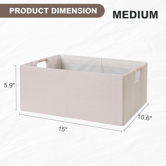 ANMINY 2PCS Storage Bins Set Foldable Cotton Linen Open Storage Baskets Box with Wood Handles Decorative Nursery Baby Kid Toy Clothes Towel Laundry Organizer Container Solid Color - Medium, Beige