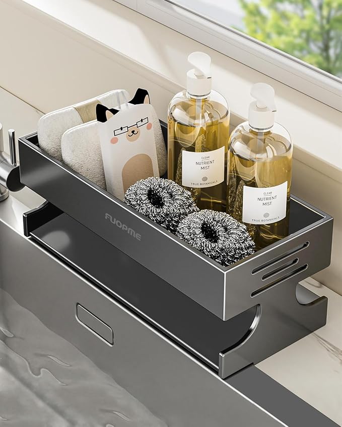 Sponge Holder for Kitchen Sink - Rustproof Carbon Steel Sink Caddy Organizer with Auto-Drain, Dish Sponge & Soap Dispenser Rack for Kitchen Countertop Storage, Grey