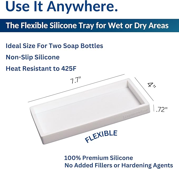 Countertop and Vanity Tray - 2 PC Small 7.7" Silicone Bathroom Trays, Kitchen Soap Tray, Dish Sponge Soap Holder Kitchen Sink Organizer Caddy, Bathroom Counter Trays for Lotion Dispenser