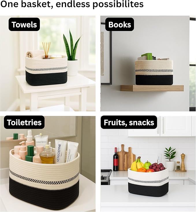 Cotton Rope Baskets for Organizing and Storage, Woven Decorative Baskets for Shelves, Books, Closets. Storage Bins for Living Room, Bedroom | Pack of 3 | Black