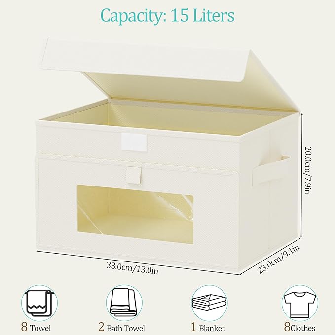 Storage Bins with Lids, Cube Organizer Basket with Window, Closet Boxes with Carrying 2 Handles and Sturdy PP Support Plate, 2 Pack, Beige, 13 x 9 x 7.9 In, XSNY17BEM-2