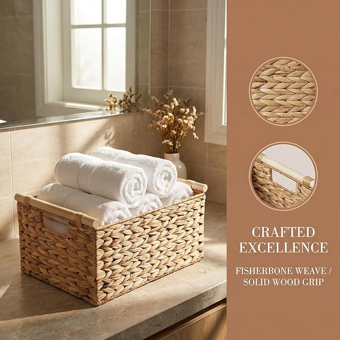 Large Rectangular Wicker Basket With Built-in Wooden Handles, Water Hyacinth Woven Basket for Organizing, Utility Shelves, Towel Storage Basket