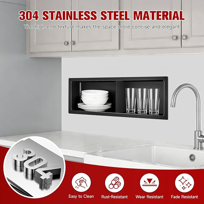No Tile Needed Shower Niche 9"X 25", Bathroom Wall Niche Double Shelves, Stainless Steel Shower Niche for Bathroom, Kitchens, Balconies